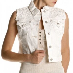 NWT Cropped Miss Me Women’s White Denim Vest Jacket Embellished Lace Rhinestones